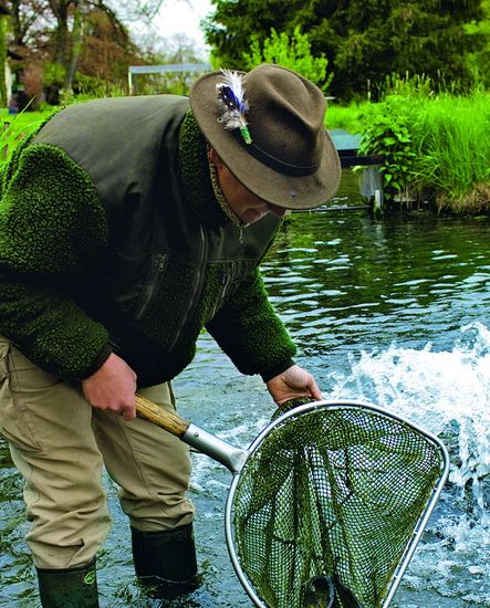 Nikolai Birnbaum stands in a body of water and holds a landing net with a fish in it.