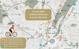 Karte mit fünf Radstrecken in und um München, markiert durch farbige Routenpunkte