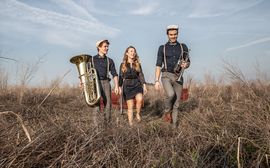 Die drei Musiker der Gruppe "DIE FEXER" stehen nebeneinander mit Blechinstrumenten auf einem Heufeld.